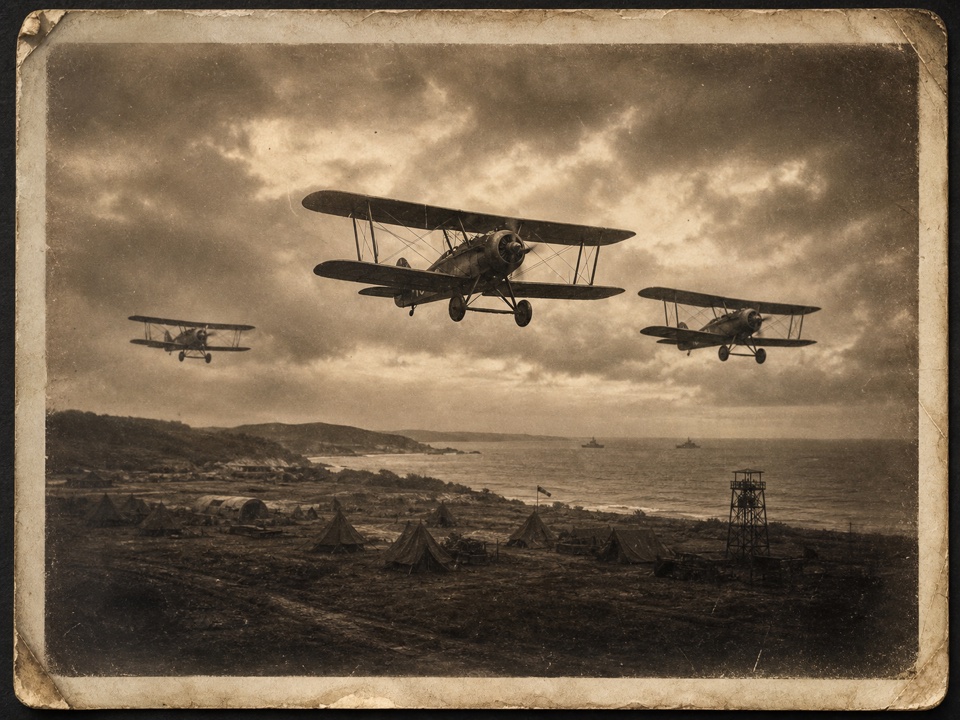Reconnaissance view of triplanes over the active theatre