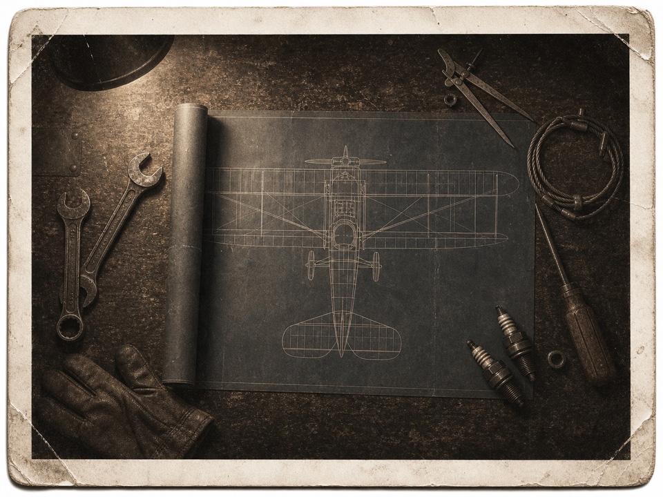 Aircraft blueprint and mechanic tools on a workbench
