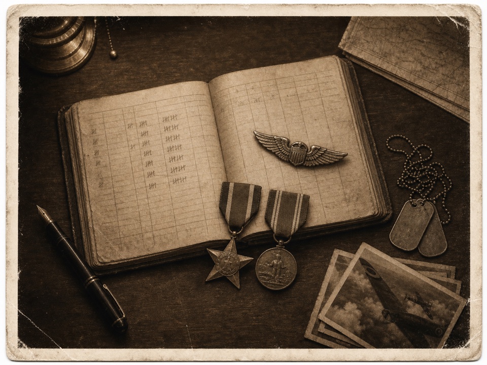 Pilot logbook, wings and medals on a desk